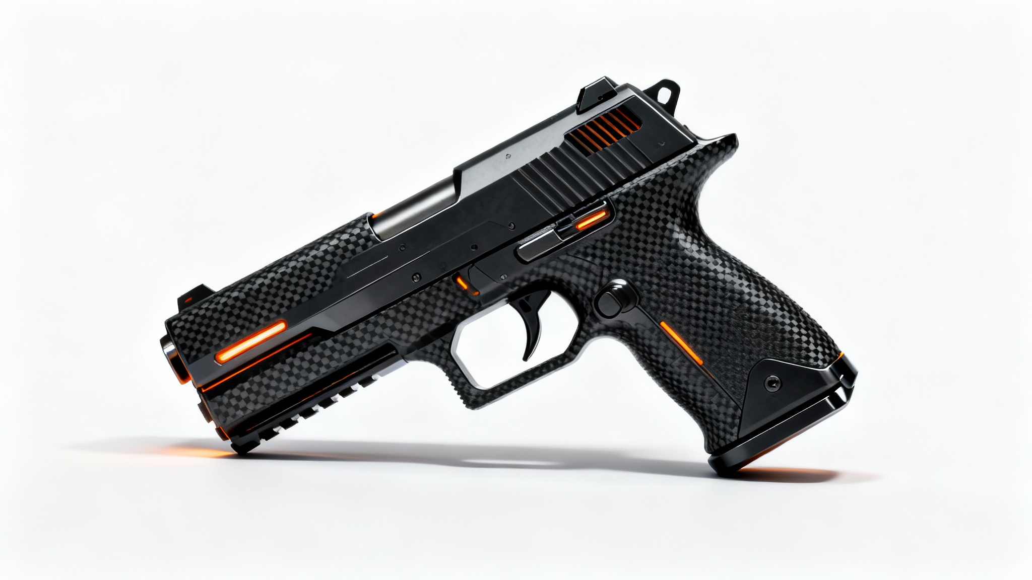 A photorealistic 3D render of a futuristic black and tungsten pistol with glowing orange details, presented in a product shot style on a clean white background.