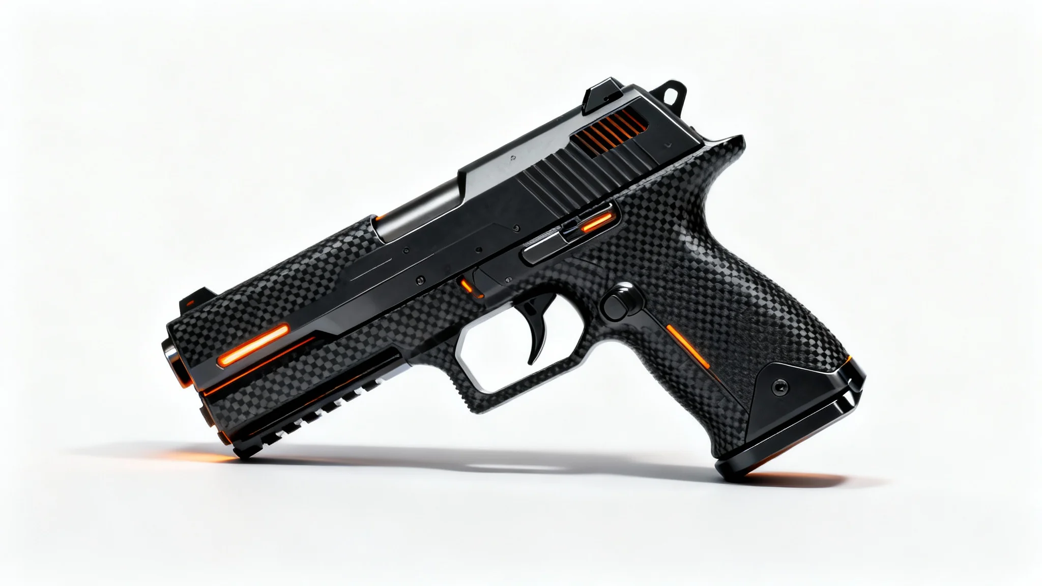 A photorealistic 3D render of a futuristic black and tungsten pistol with glowing orange details, presented in a product shot style on a clean white background.