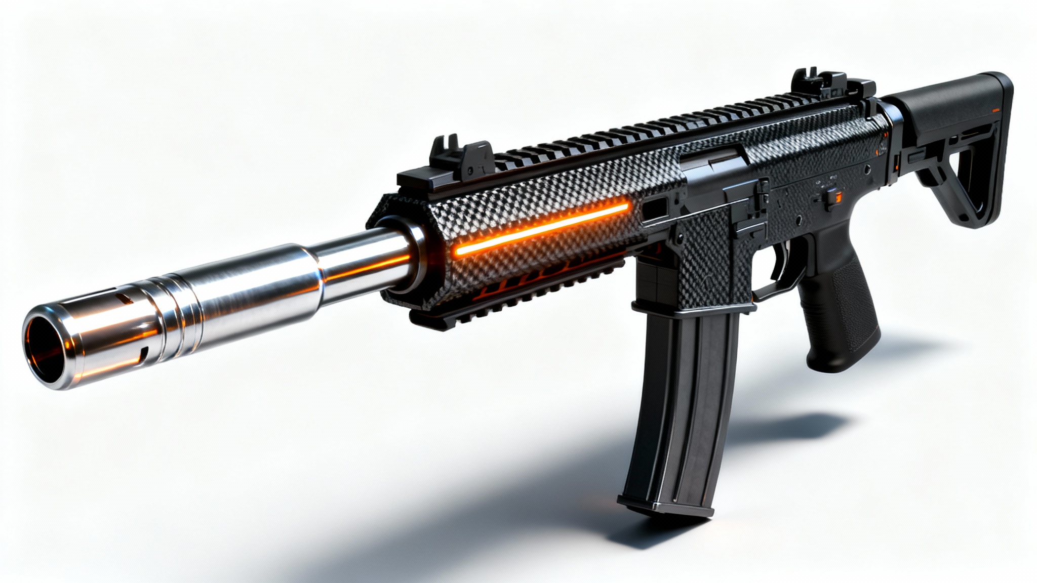 A photorealistic 3D render of a futuristic assault rifle with carbon fiber and tungsten finishes, displayed with dramatic studio lighting on a clean white background.