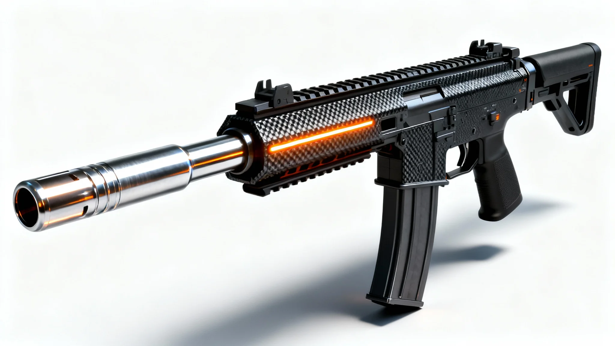 A photorealistic 3D render of a futuristic assault rifle with carbon fiber and tungsten finishes, displayed with dramatic studio lighting on a clean white background.