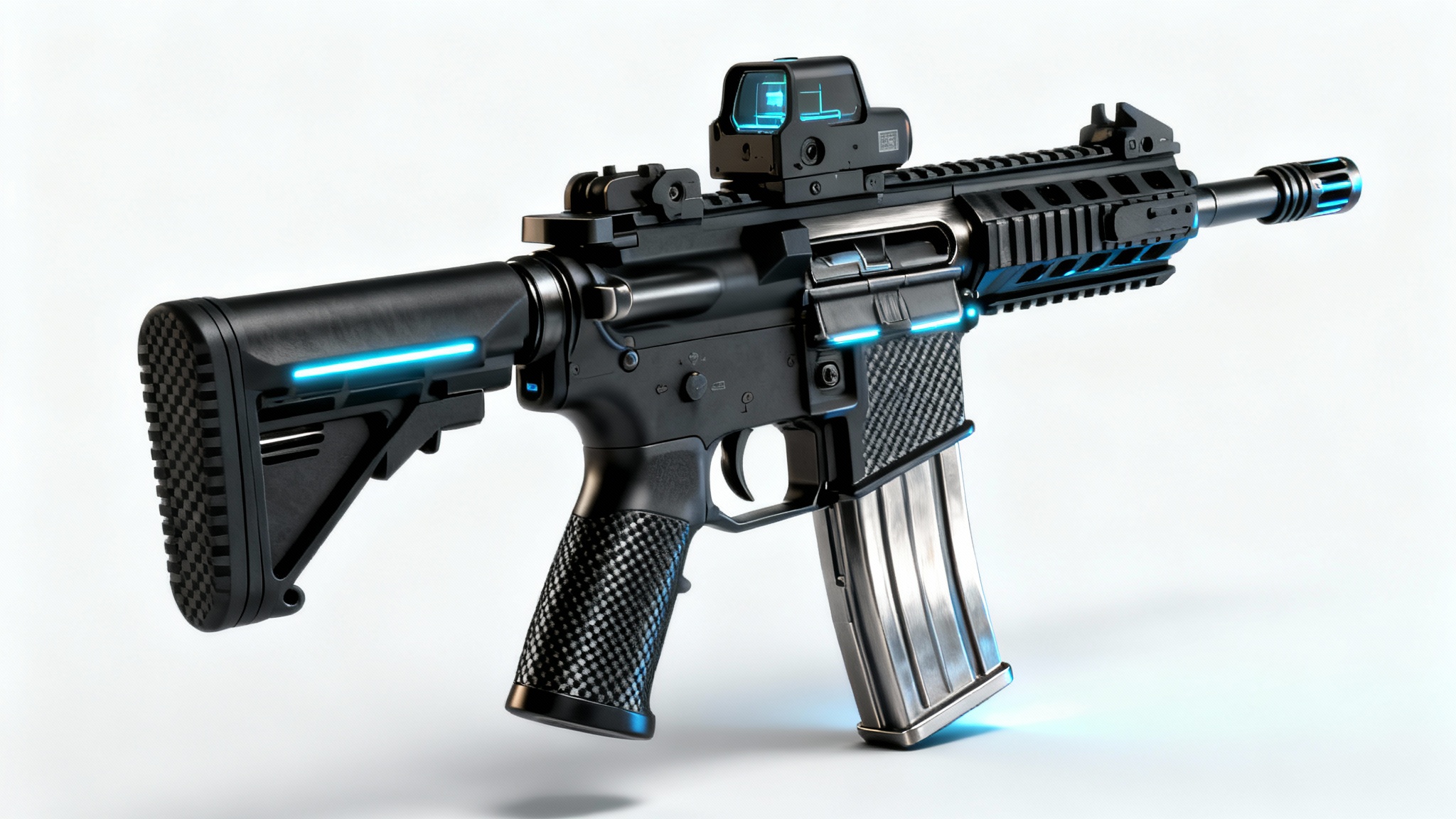 A photorealistic 3D render of a sleek, futuristic assault rifle with intricate details and glowing accents, presented against a clean white background.