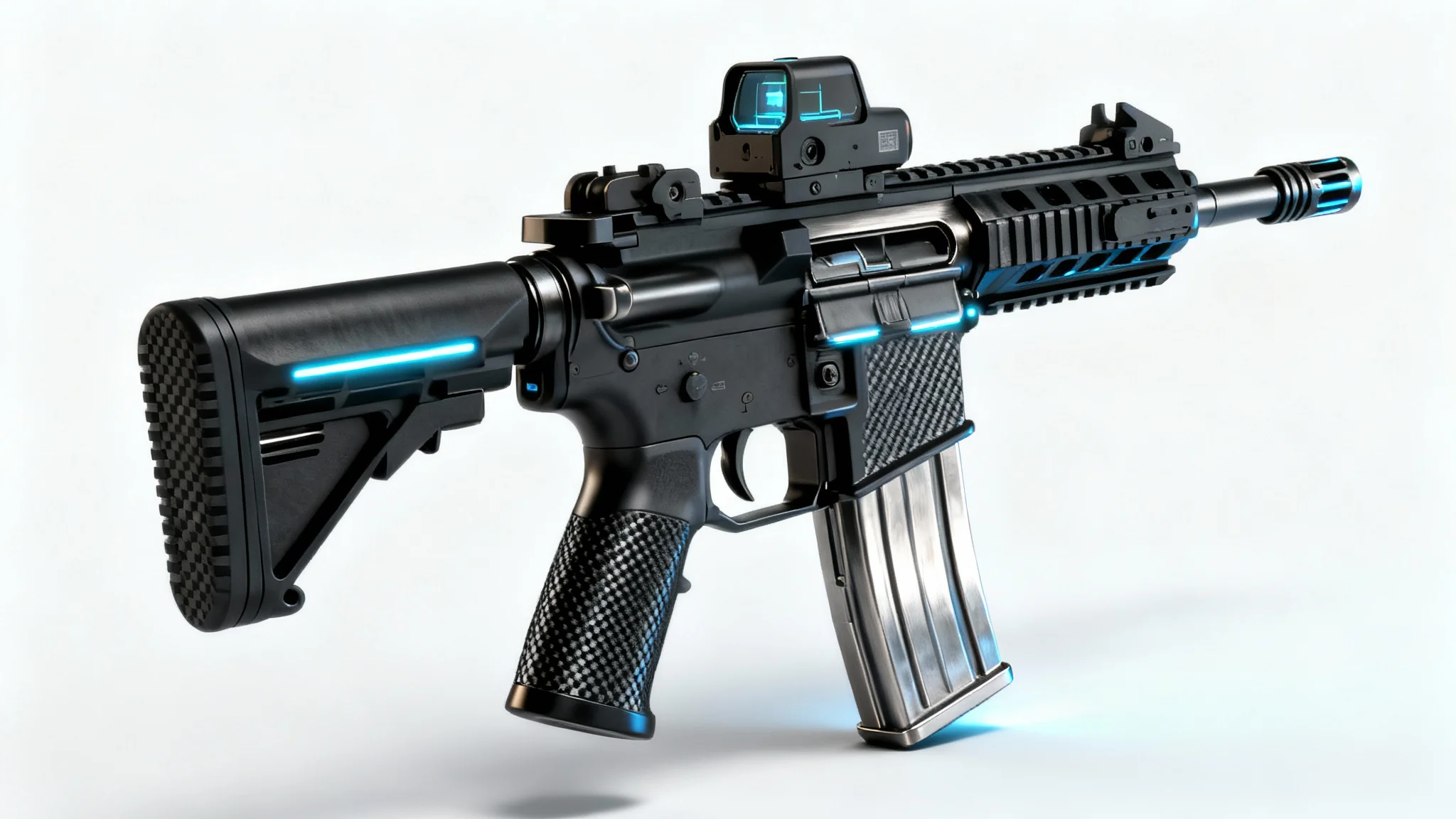A photorealistic 3D render of a sleek, futuristic assault rifle with intricate details and glowing accents, presented against a clean white background.