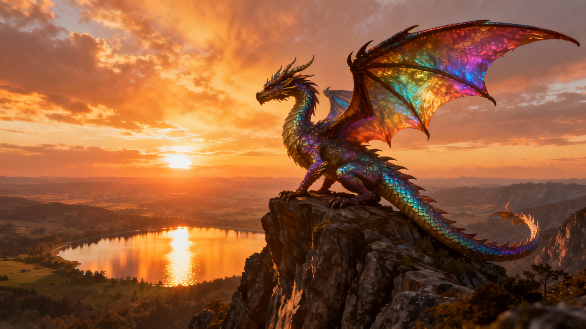 A stunning 16:9 wallpaper featuring a hyperrealistic 3D dragon with iridescent scales perched on a cliff during a dramatic sunset, its wings spread wide over a vast landscape.