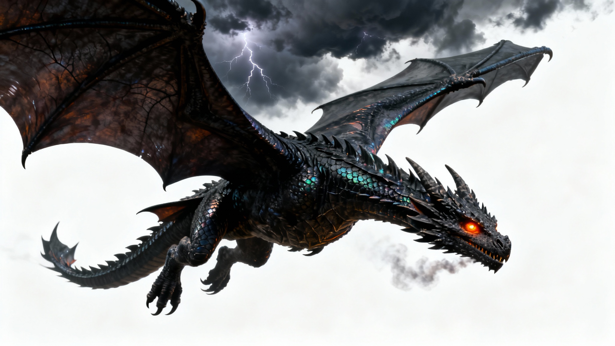A hyper-realistic 3D rendering of a powerful black dragon with glowing orange eyes, flying through a dark and stormy sky illuminated by lightning, presented as a wallpaper mockup.