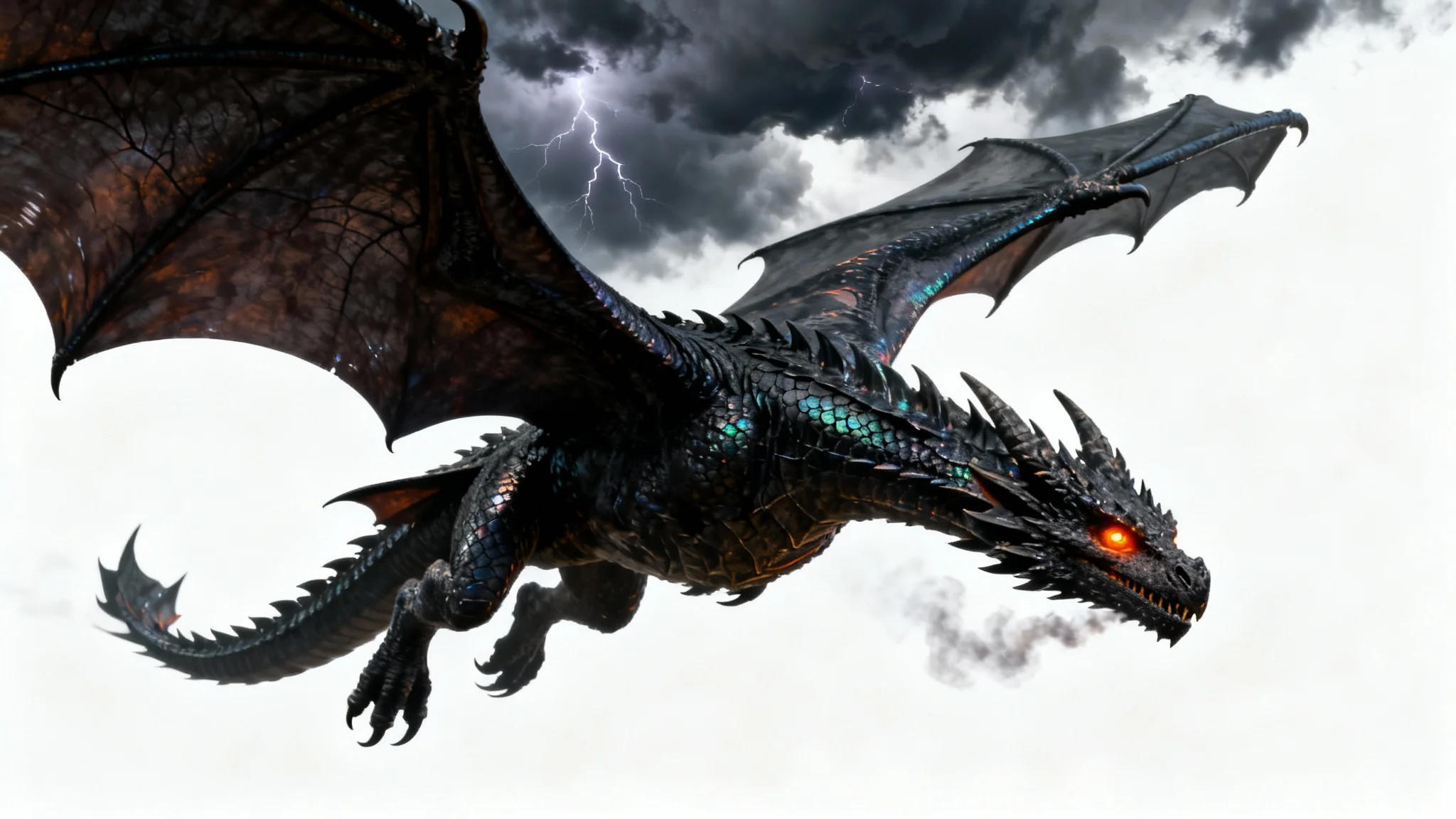A hyper-realistic 3D rendering of a powerful black dragon with glowing orange eyes, flying through a dark and stormy sky illuminated by lightning, presented as a wallpaper mockup.