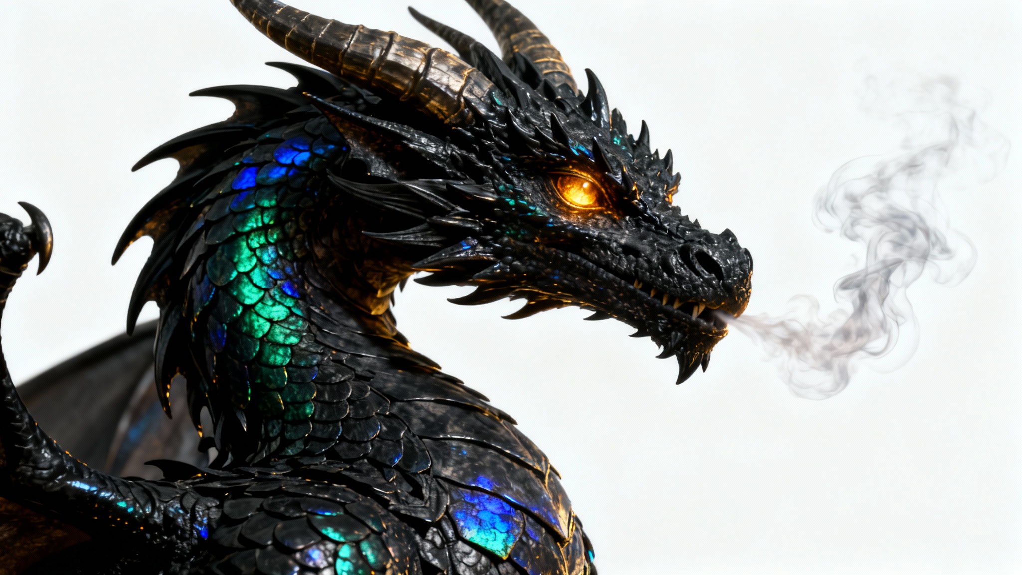 A hyper-realistic 3D render of a majestic black dragon with iridescent scales, shown from the shoulders up against a clean white background, showcasing its glowing eyes and intricate details.
