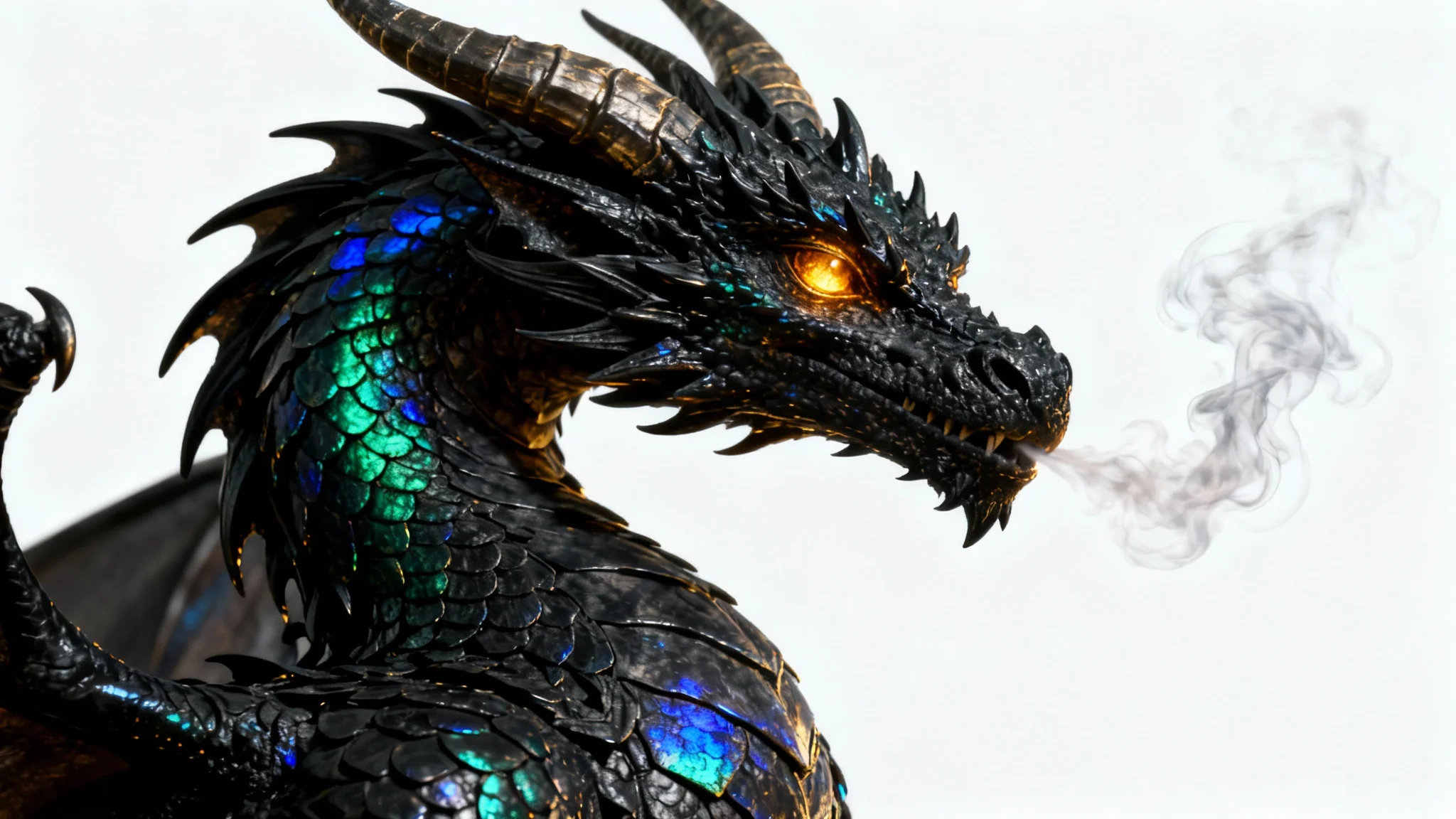 A hyper-realistic 3D render of a majestic black dragon with iridescent scales, shown from the shoulders up against a clean white background, showcasing its glowing eyes and intricate details.