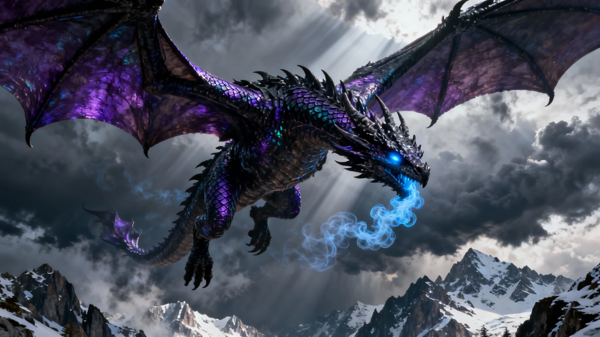 A hyper-realistic 3D digital wallpaper of a majestic purple and black dragon flying through a stormy sky over snow-capped mountains, with light rays breaking through the clouds.