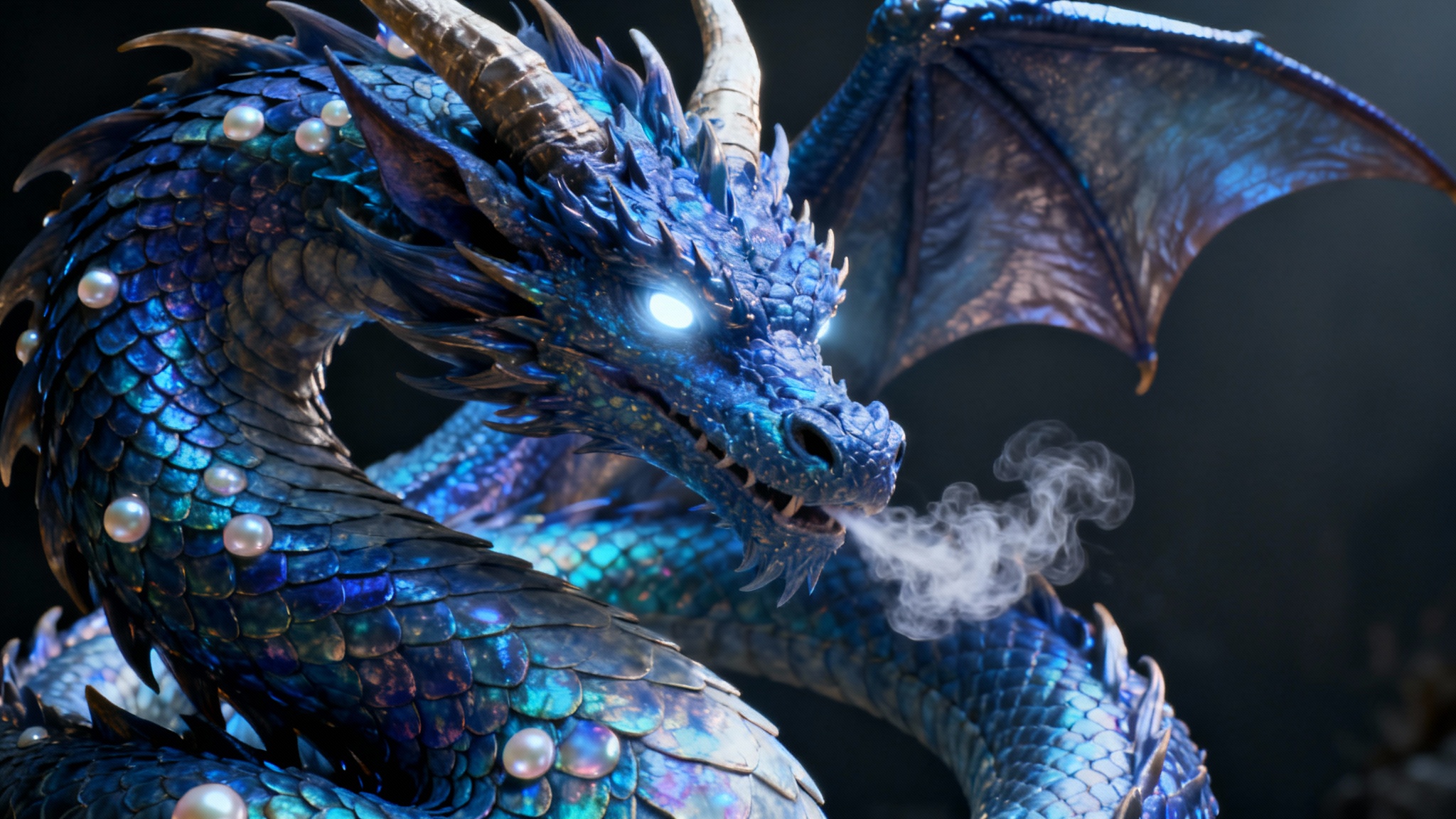 A close-up 3D wallpaper of a majestic dragon with shimmering sapphire blue scales and glowing white eyes, posed dramatically against a dark background.