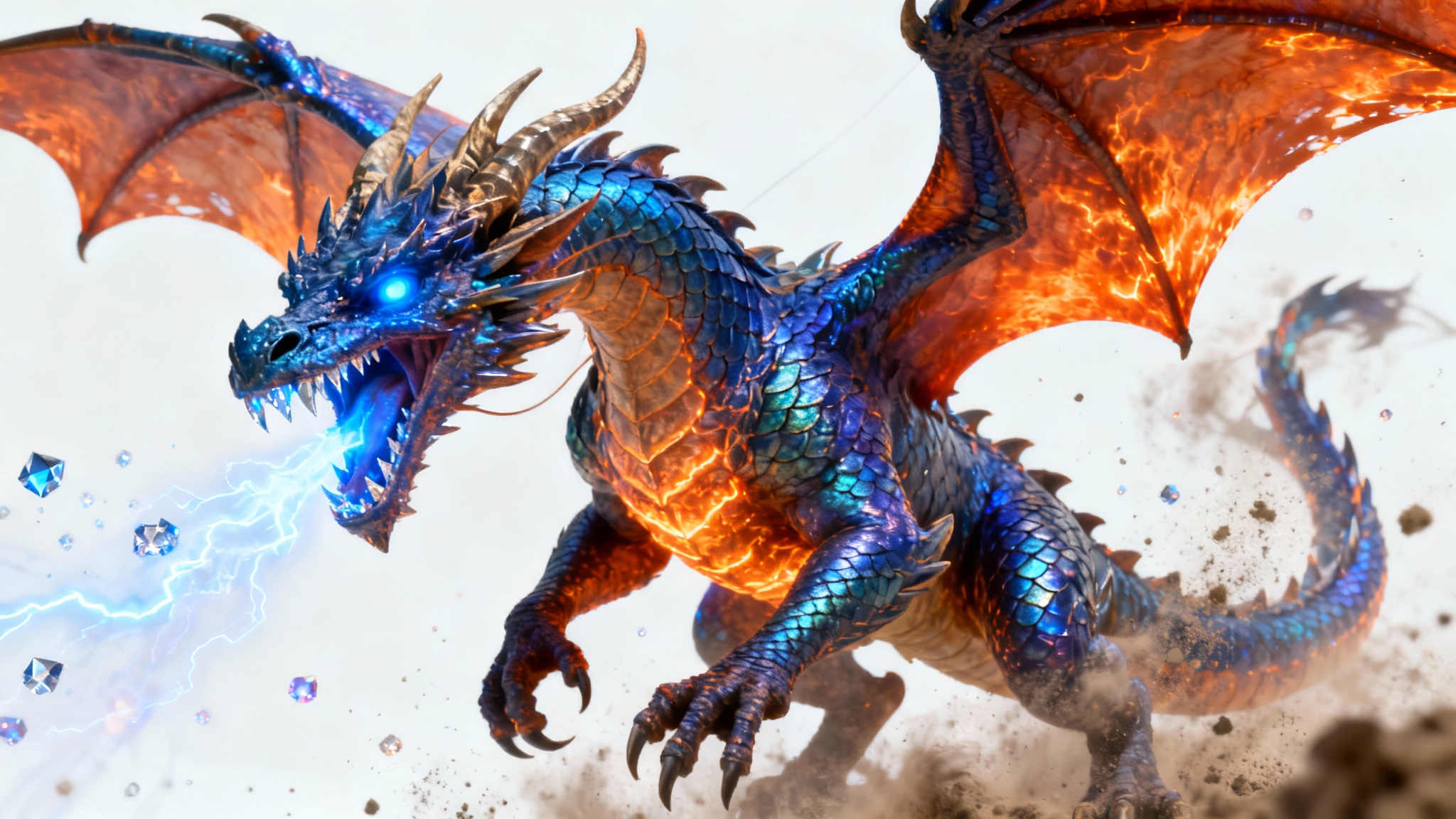 A hyper-realistic 3D wallpaper of a majestic blue and orange dragon roaring, with intricate scales and glowing eyes, set against a clean white background.