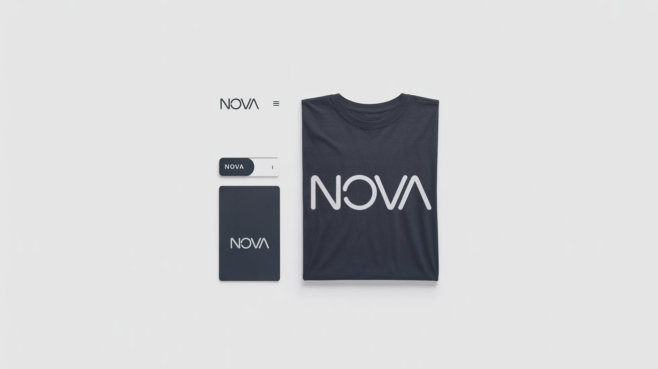 A professional mockup collage showing a white vector logo used on a dark website header, a black business card, and a black t-shirt, demonstrating its versatility on dark backgrounds.