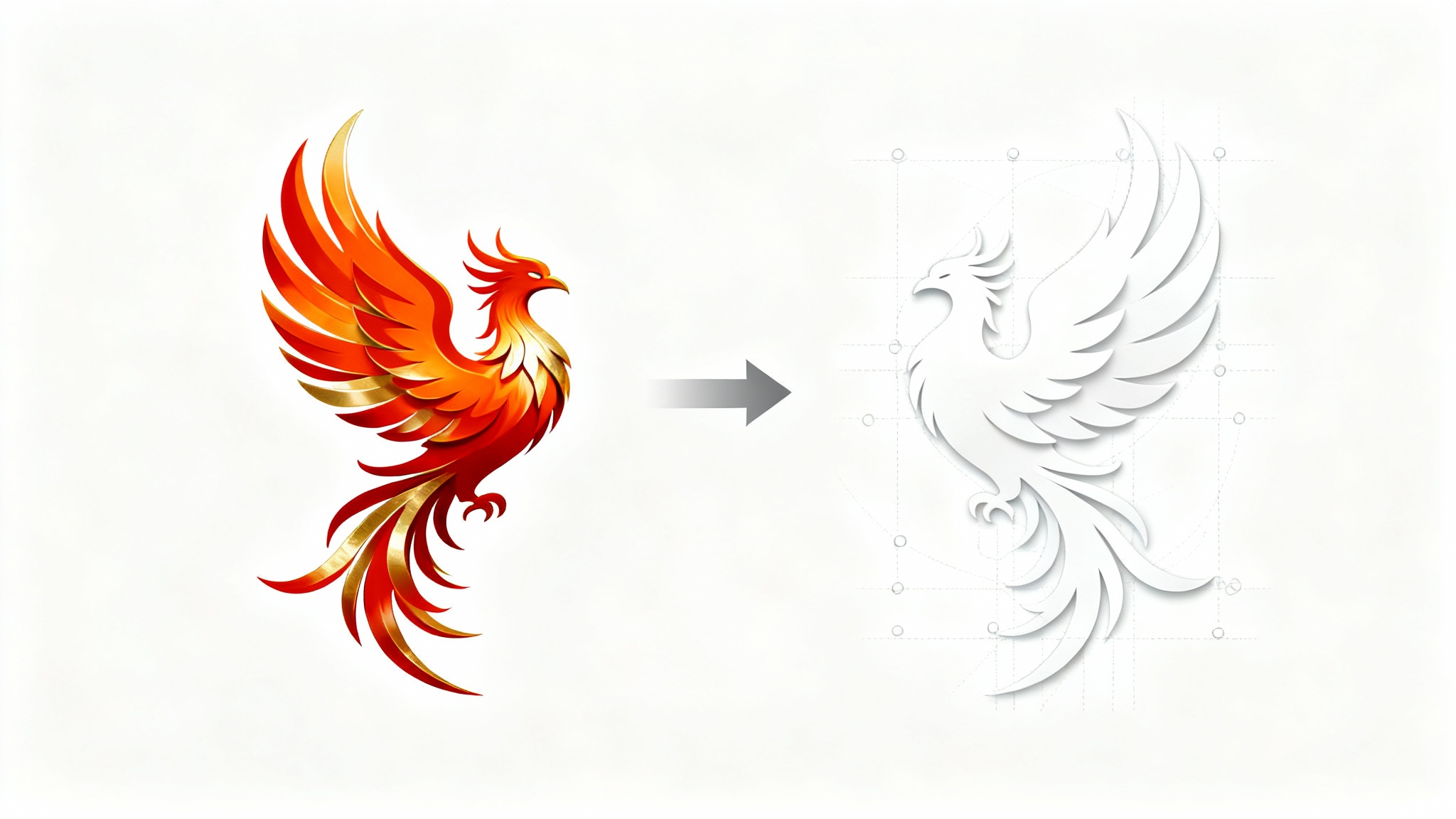 A colorful logo of a phoenix on the left, with a gray arrow pointing to the right at a solid white version of the same logo, representing a conversion to a white SVG file.