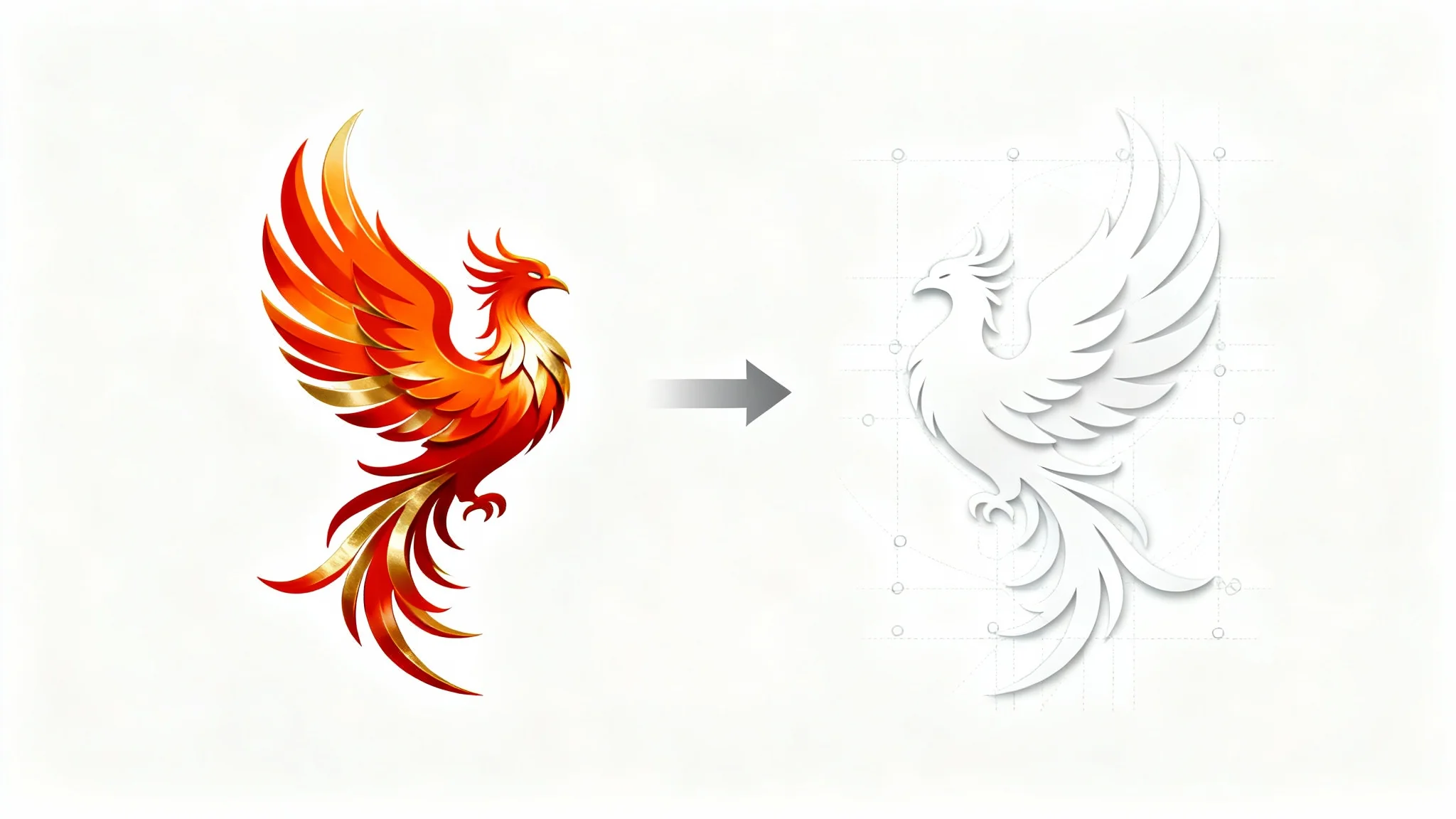 A colorful logo of a phoenix on the left, with a gray arrow pointing to the right at a solid white version of the same logo, representing a conversion to a white SVG file.