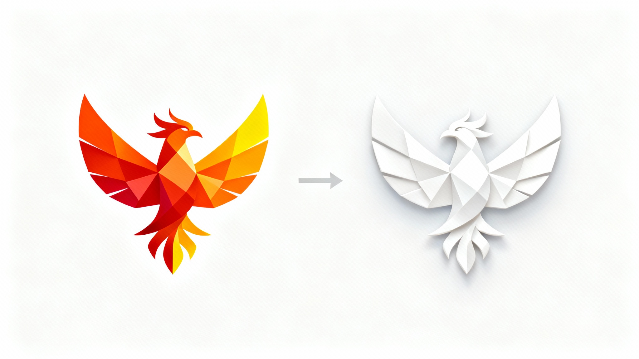 A colorful geometric phoenix logo is shown next to its identical counterpart, which has been converted to a solid white color, demonstrating a logo color conversion.