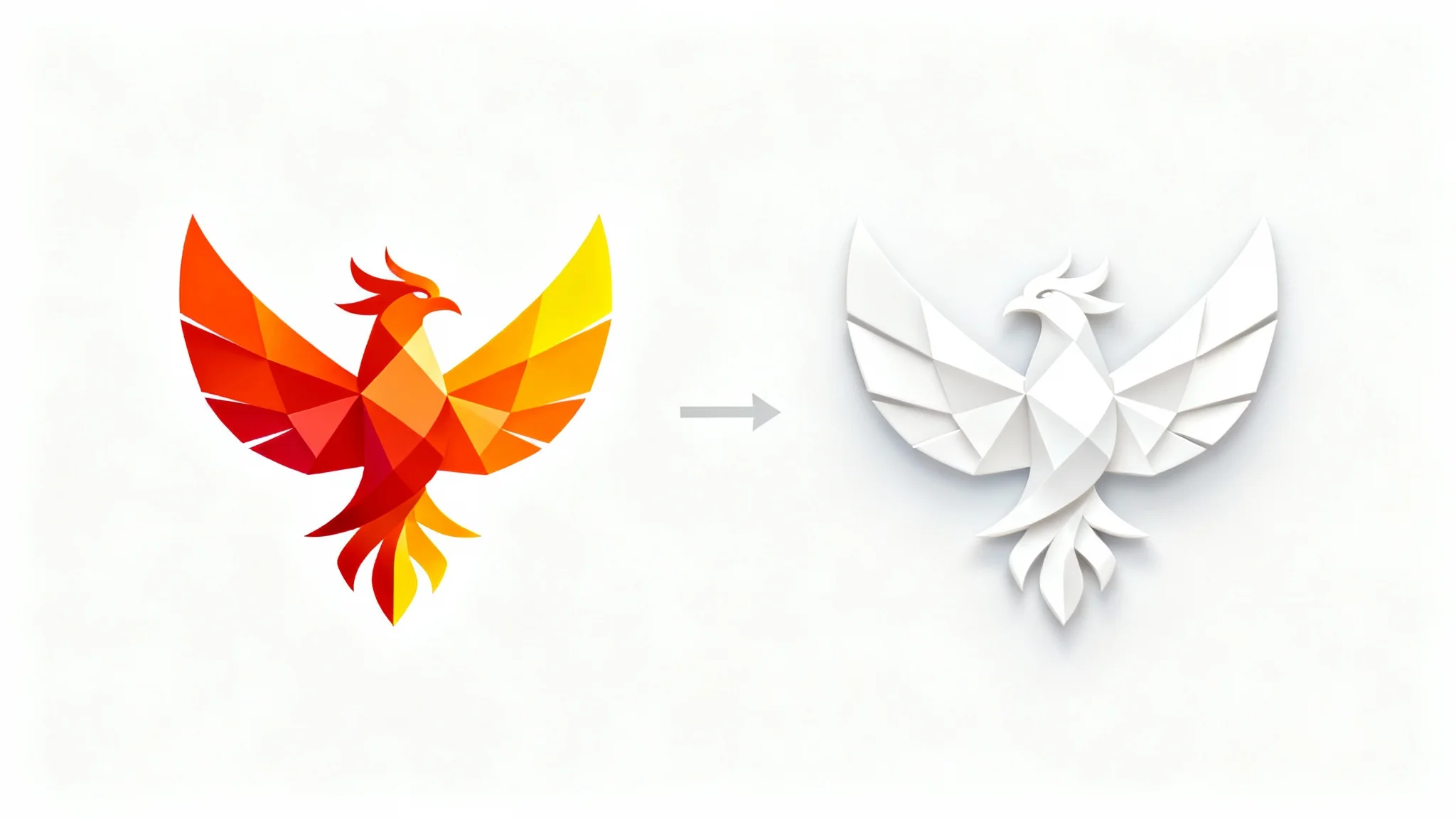 A colorful geometric phoenix logo is shown next to its identical counterpart, which has been converted to a solid white color, demonstrating a logo color conversion.