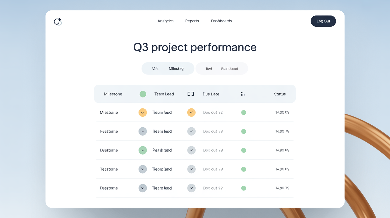 A professionally designed table chart showing project performance for Q3. The table has columns for Milestone, Team Lead, Due Date, and Status, with color-coded status indicators, presented on a clean, modern background.
