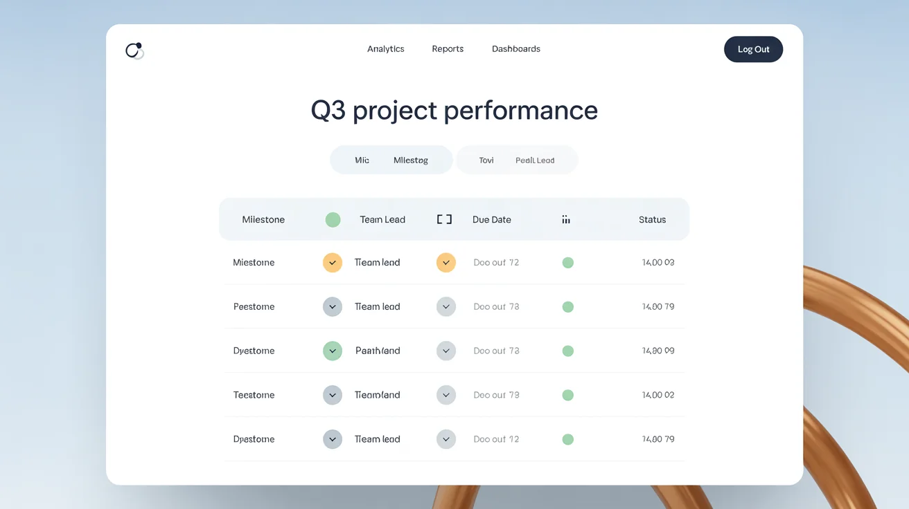 A professionally designed table chart showing project performance for Q3. The table has columns for Milestone, Team Lead, Due Date, and Status, with color-coded status indicators, presented on a clean, modern background.