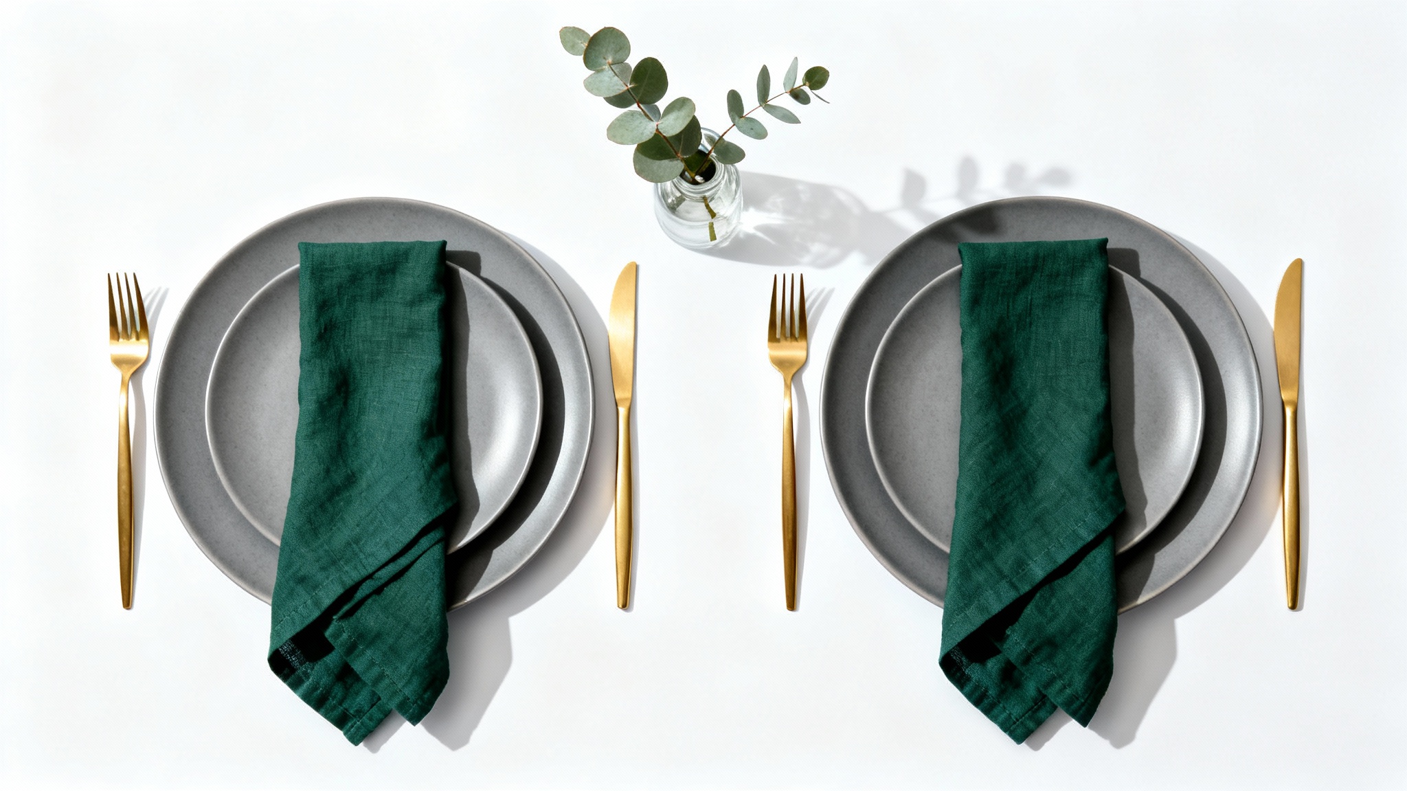A modern and elegant table layout viewed from above, featuring two place settings with grey plates, gold cutlery, and green napkins arranged symmetrically on a white background.