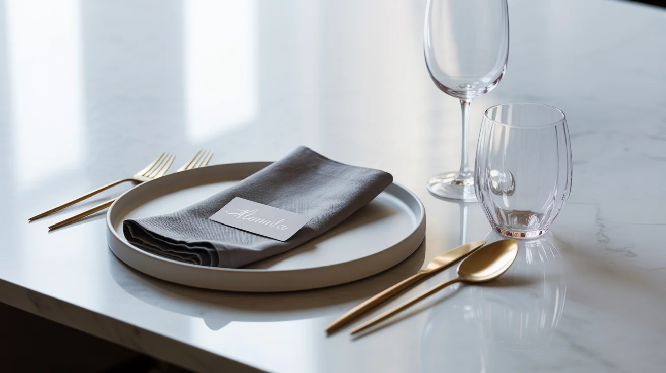 A minimalist and modern table setting featuring a white plate, rose gold cutlery, a dark gray napkin, and a place card that reads 'Alexandra' on a clean white background.