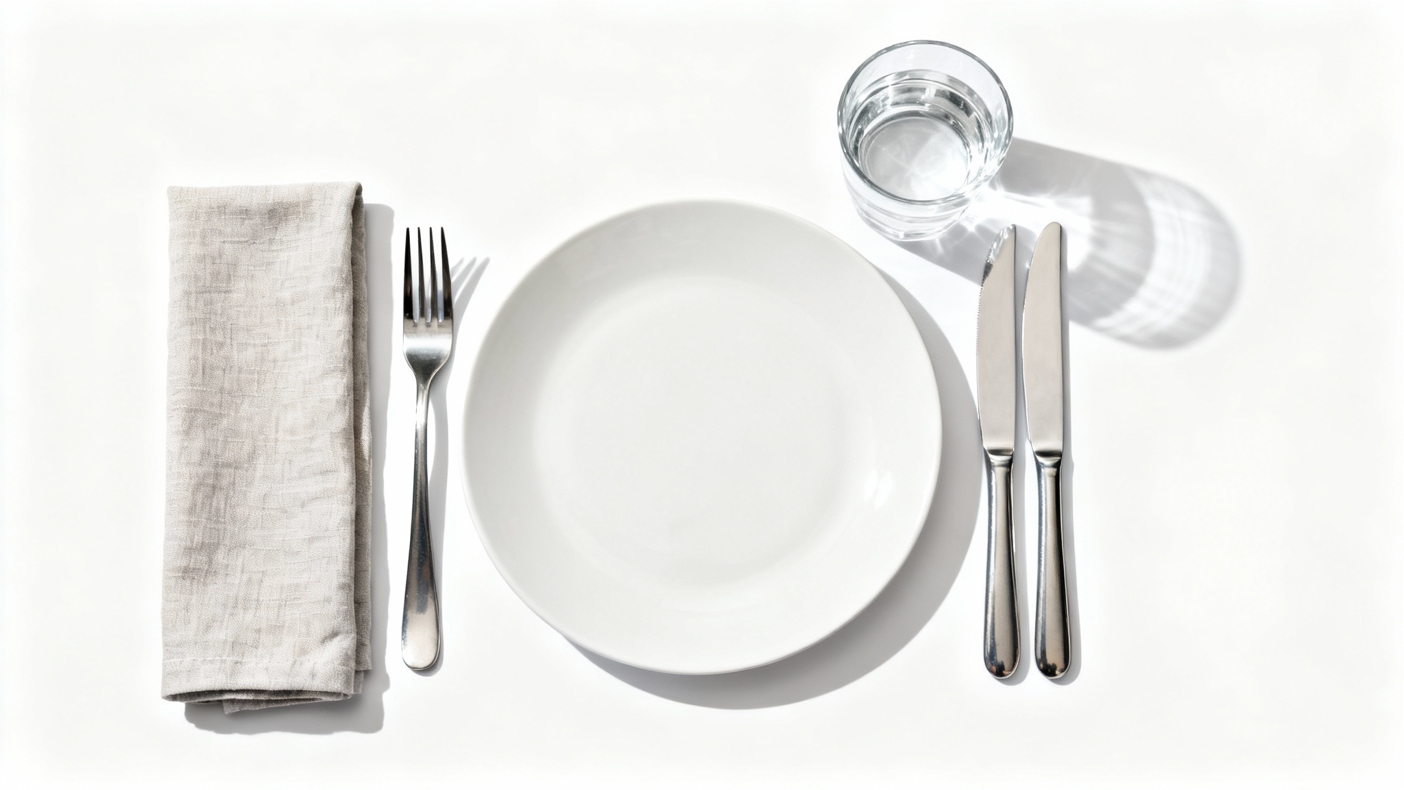 A meticulously organized table layout mockup featuring a white plate, silver cutlery, a glass, and a folded napkin on a clean white background.