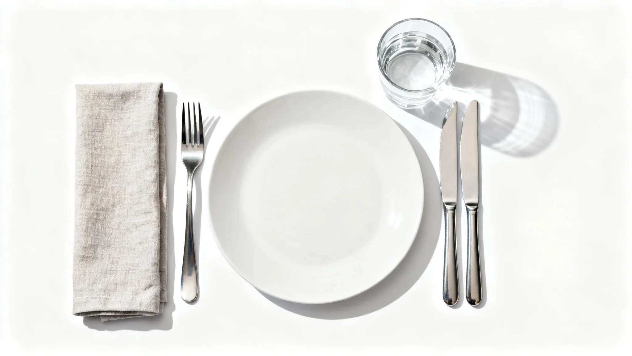 A meticulously organized table layout mockup featuring a white plate, silver cutlery, a glass, and a folded napkin on a clean white background.