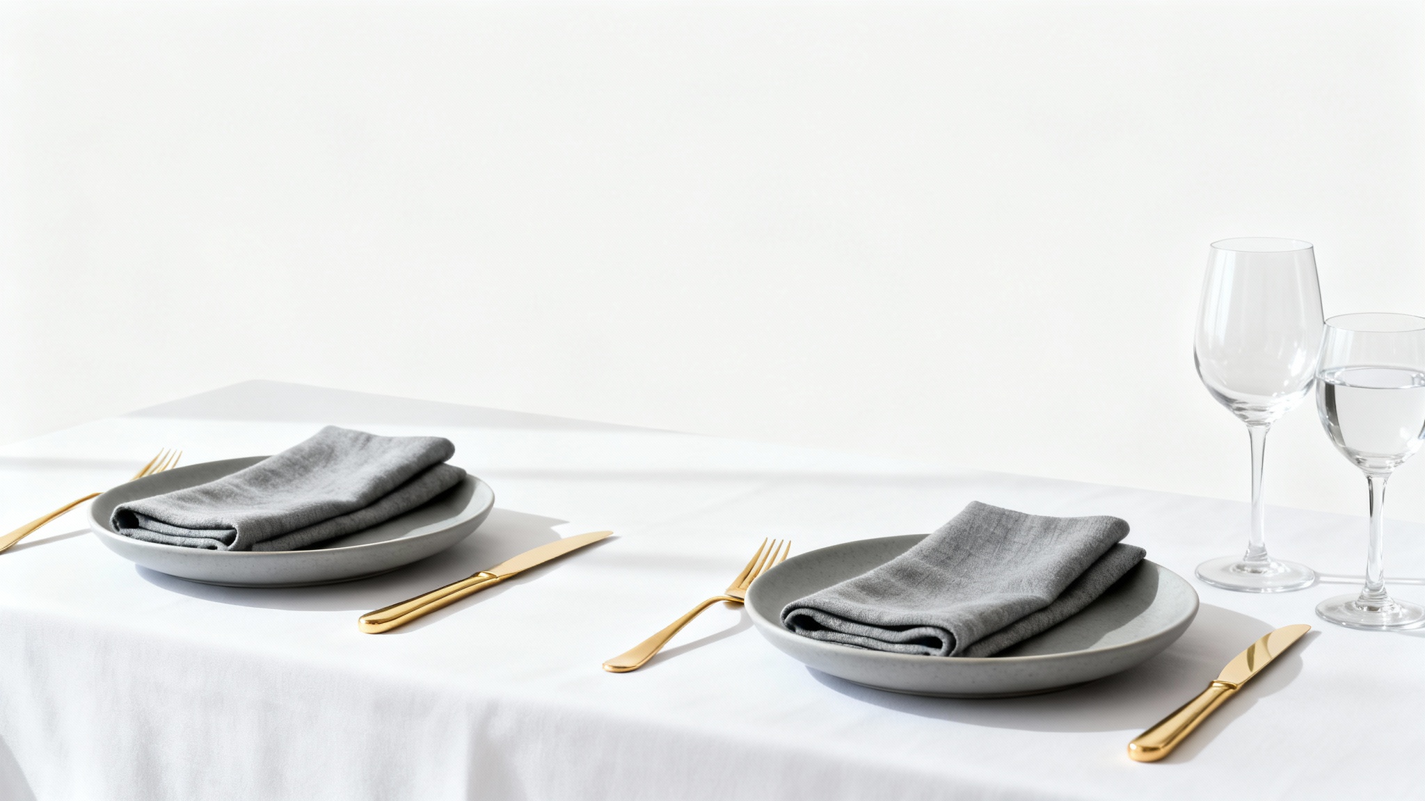 A meticulously organized table layout for a formal event, featuring grey ceramic plates, gold cutlery, and crystal-clear glassware on a crisp white tablecloth, all set against a pure white background.