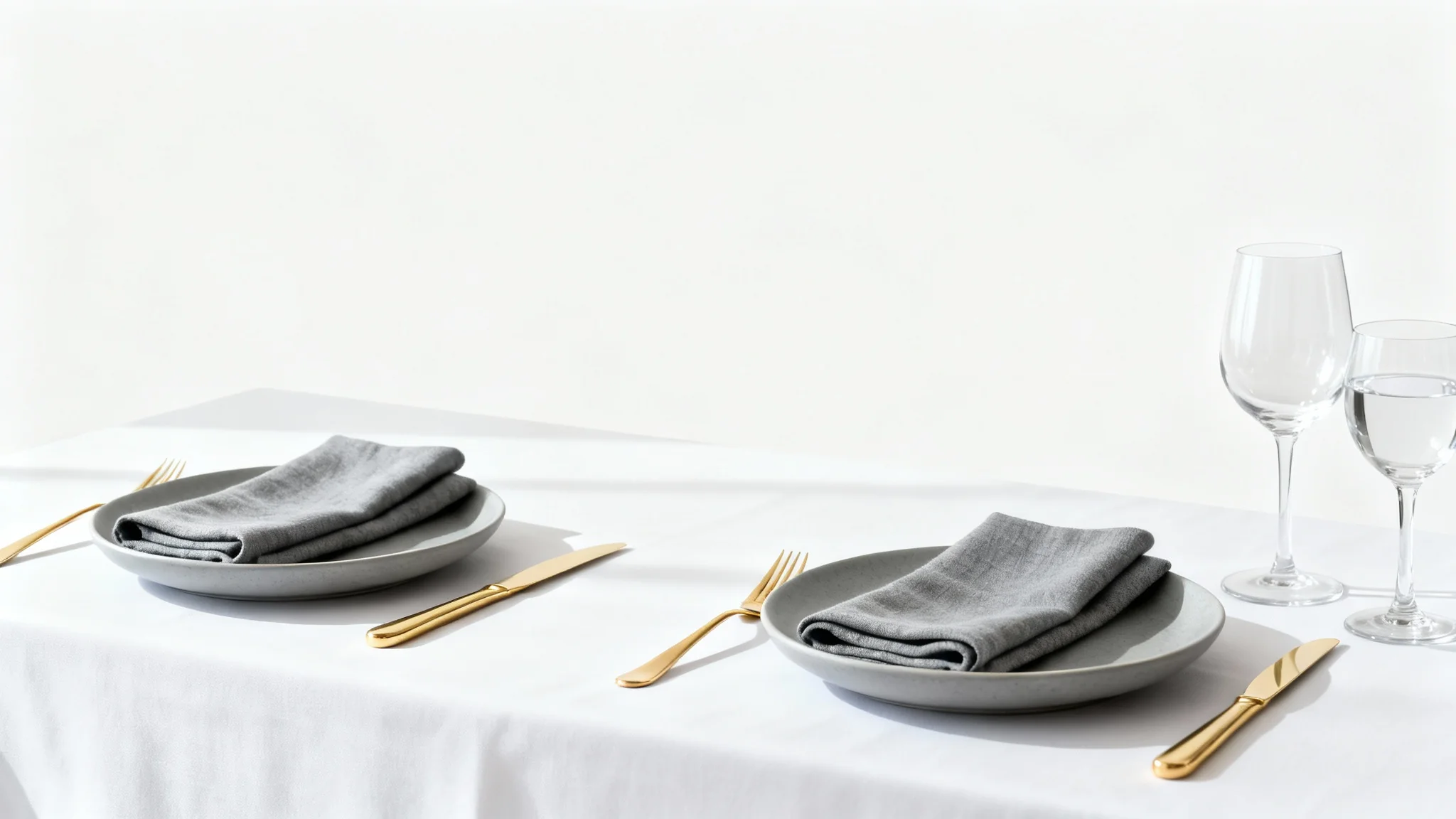 A meticulously organized table layout for a formal event, featuring grey ceramic plates, gold cutlery, and crystal-clear glassware on a crisp white tablecloth, all set against a pure white background.