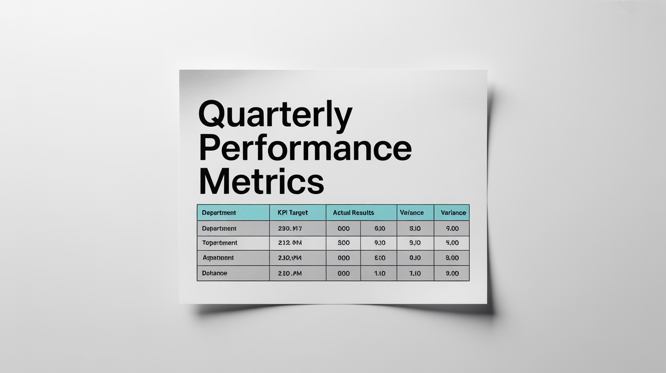 A top-down mockup of a clean, professionally designed table layout on a sheet of paper. The table shows performance metrics with clear headers and organized data, set against a plain white background.