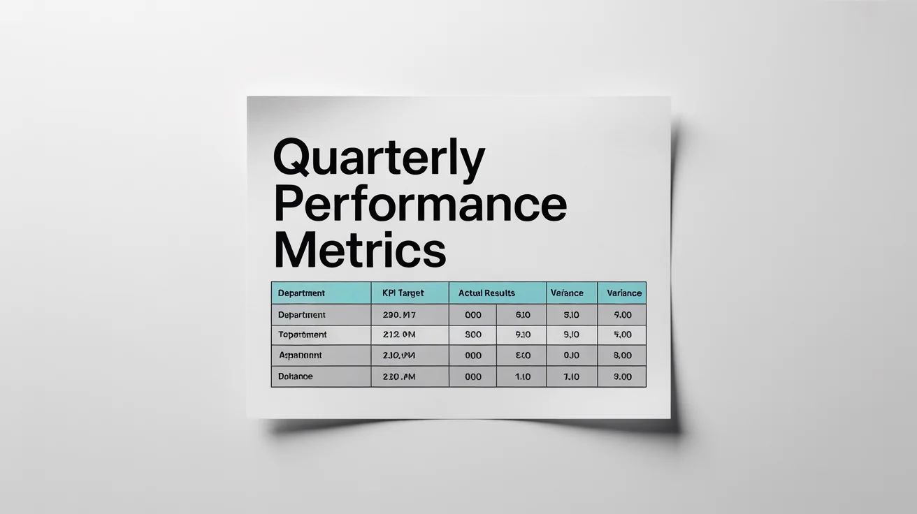 A top-down mockup of a clean, professionally designed table layout on a sheet of paper. The table shows performance metrics with clear headers and organized data, set against a plain white background.