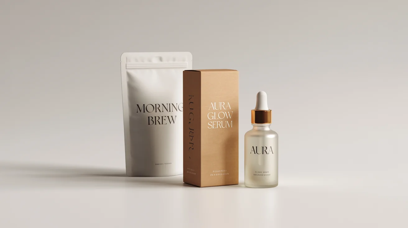 A collection of realistic product packaging mockups, including a cosmetic box and bottle and a coffee pouch, arranged on a clean white background.