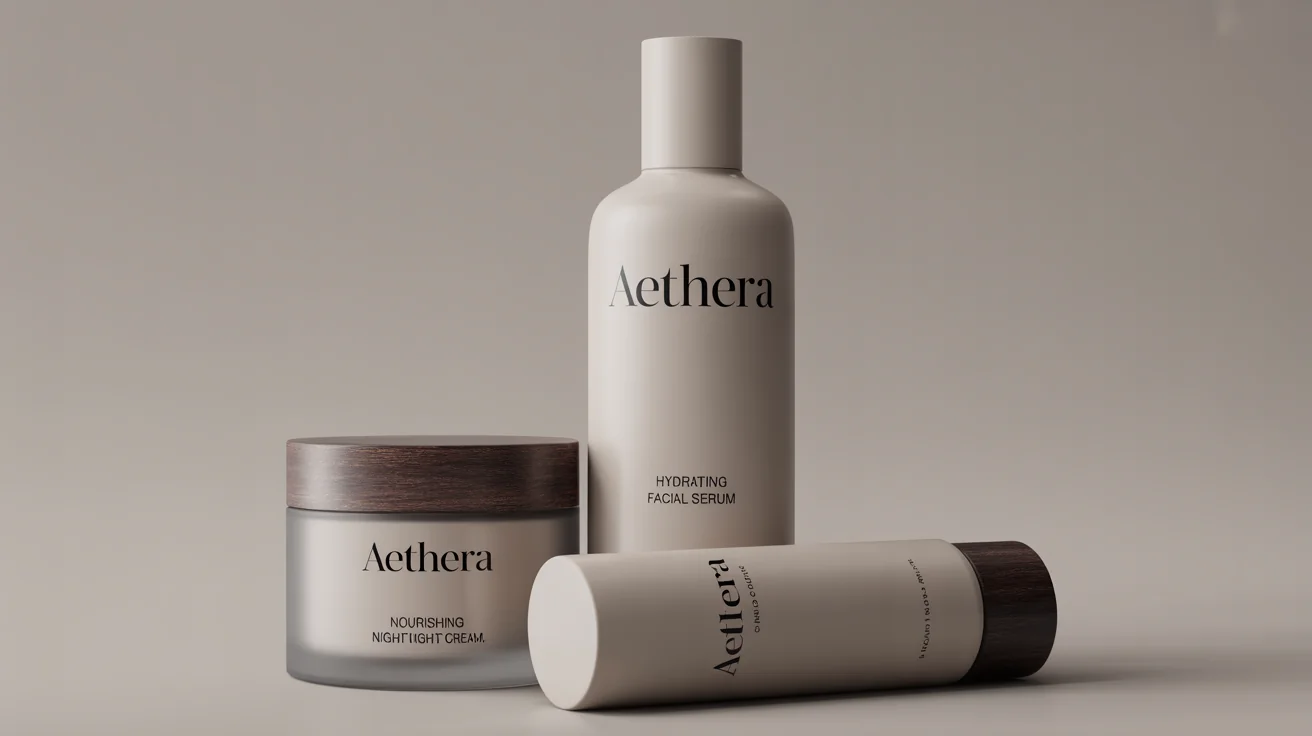 A photorealistic mockup of various cosmetic product packages, including a bottle, a jar, and a tube, for a fictional brand named 'Aethera', all arranged neatly against a clean white background to showcase packaging design.