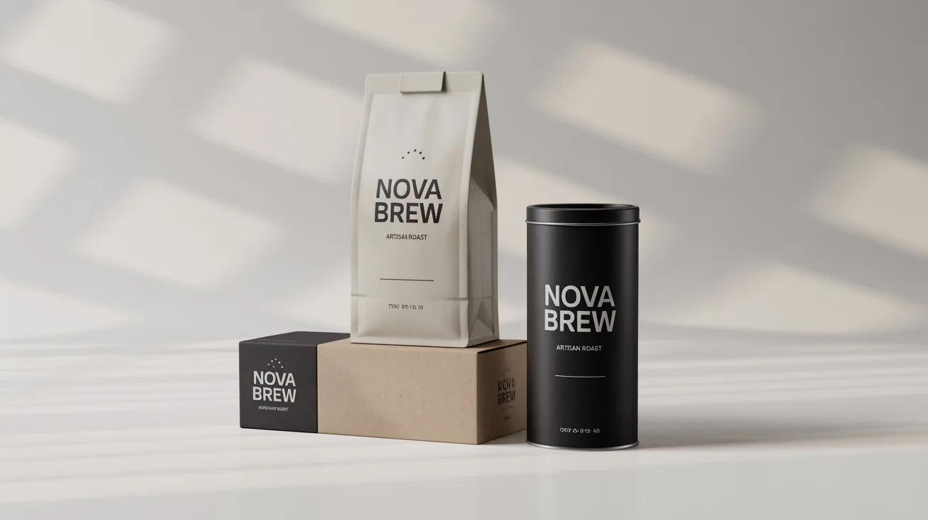 A realistic mockup of product packaging for a coffee brand named 'NOVA BREW', featuring a white coffee bag, a black tin, and a cardboard box arranged on a white background.