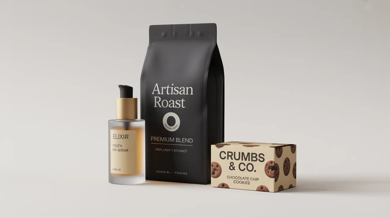 A realistic mockup of three different product packages—a black coffee pouch, a frosted glass serum bottle, and a colorful cookie box—arranged neatly against a clean white background.