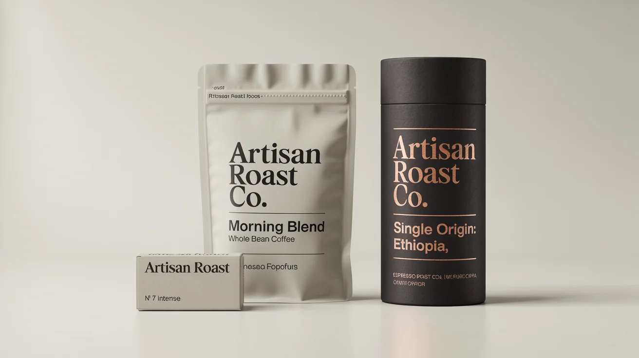 A realistic mockup of three different types of packaging for a fictional coffee brand called 'Artisan Roast Co.', including a pouch, a tube, and a box, displayed on a clean white background.