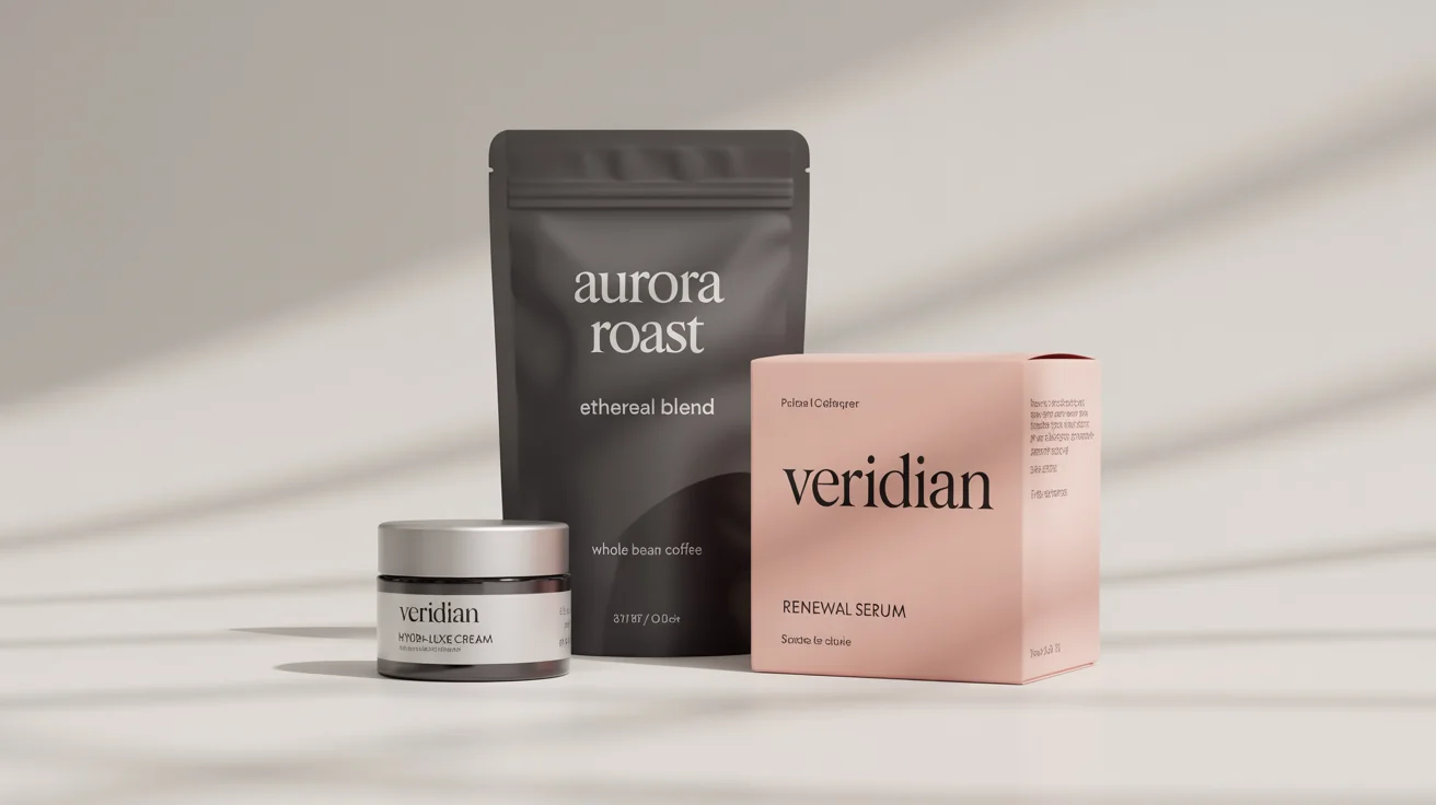 A collection of realistic product packaging mockups on a white background, including a black coffee bag, a pink skincare box, and a white cosmetic jar, all with fictional brand names.