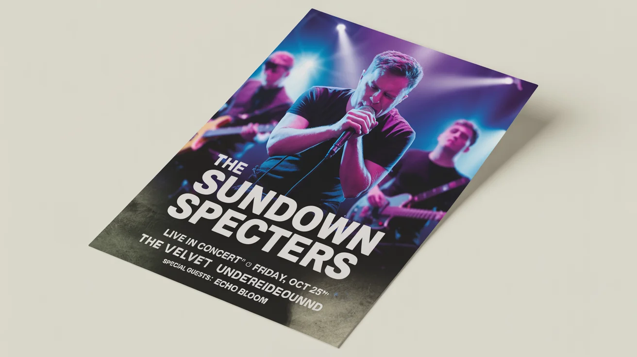 An eye-catching, professionally designed concert flyer for a fictional indie rock band called 'The Sundown Specters', showcasing a possible design outcome from a flyer creation tool.