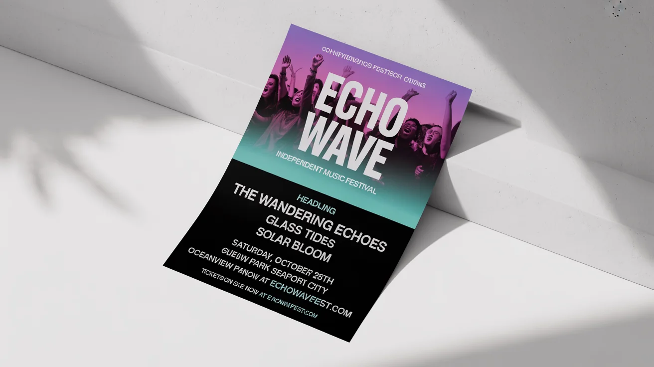 A modern and vibrant concert flyer mockup for an indie music festival called 'ECHO WAVE', featuring a list of fictional bands, displayed on a minimalist white background.