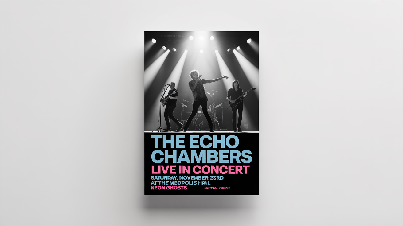 A mockup of a modern and energetic concert flyer for an indie rock band named 'The Echo Chambers', presented on a clean white background.