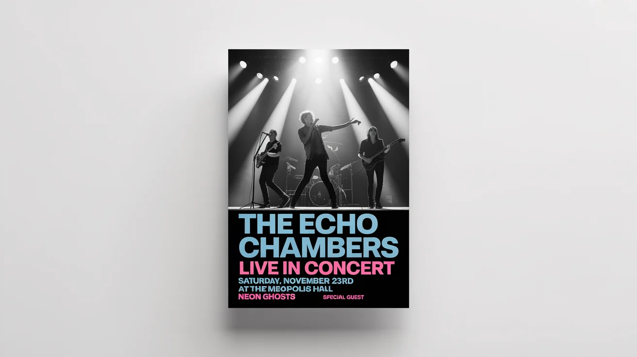A mockup of a modern and energetic concert flyer for an indie rock band named 'The Echo Chambers', presented on a clean white background.