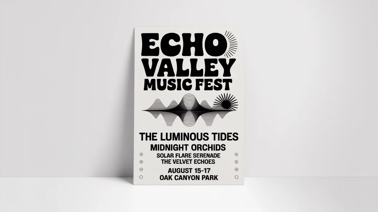 A mockup of a modern concert flyer for the 'Echo Valley Music Fest', designed with a retro aesthetic and featuring a list of fictional indie bands.