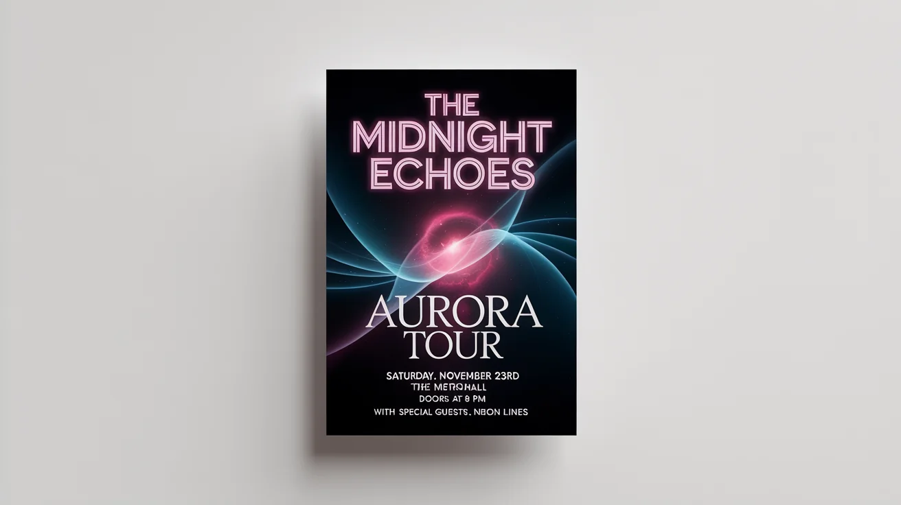 A mockup of a vibrant concert flyer for a band called 'The Midnight Echoes' on their 'Aurora Tour'. The flyer has a cosmic theme with neon pink and blue colors and is displayed against a plain white background.