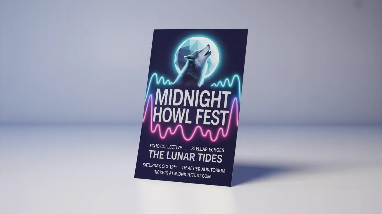 A mockup of a modern concert flyer for the 'Midnight Howl Fest', featuring the band 'The Lunar Tides'. The flyer has a dark blue design with neon graphics and is displayed on a clean white background.