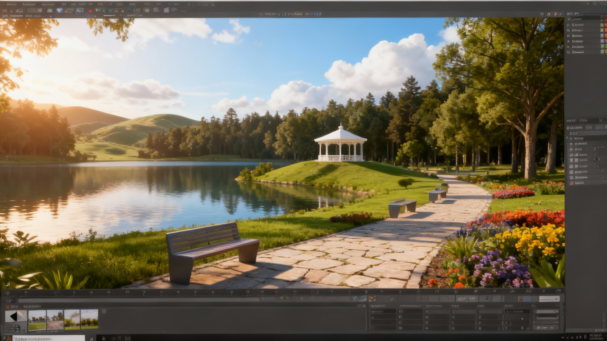 A photorealistic 3D render of a beautiful park landscape at sunset, featuring rolling hills, a calm lake, a forest, and a white gazebo on a hill overlooking the scene.
