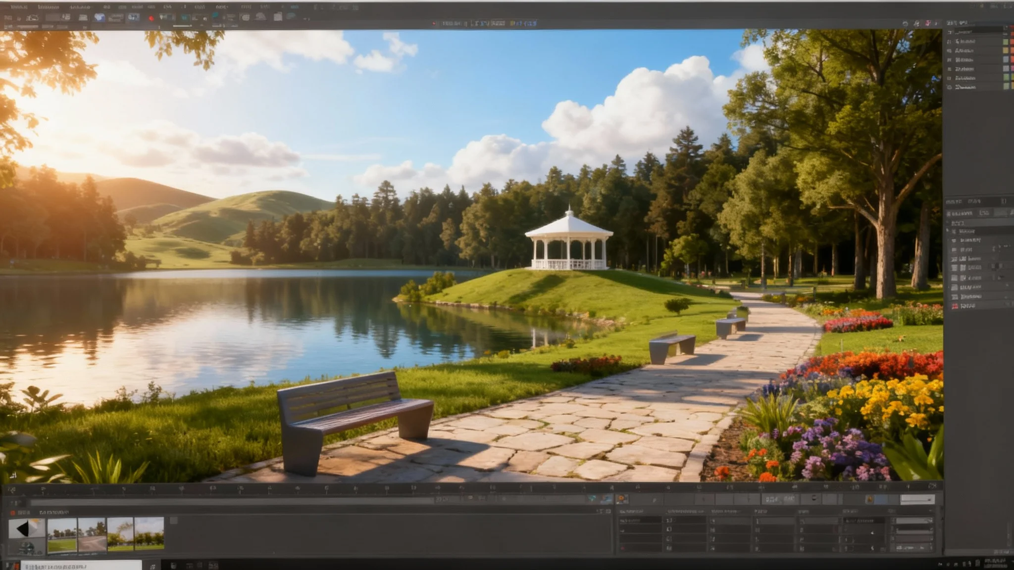 A photorealistic 3D render of a beautiful park landscape at sunset, featuring rolling hills, a calm lake, a forest, and a white gazebo on a hill overlooking the scene.