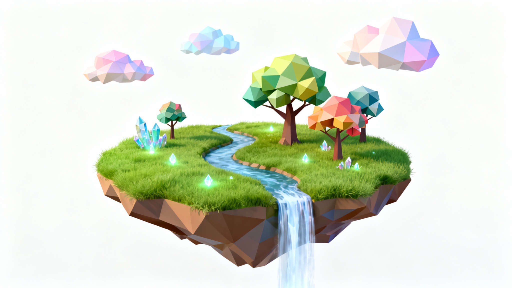 A stylized 3D render of a peaceful floating island with a waterfall and colorful trees, presented on a clean white background.