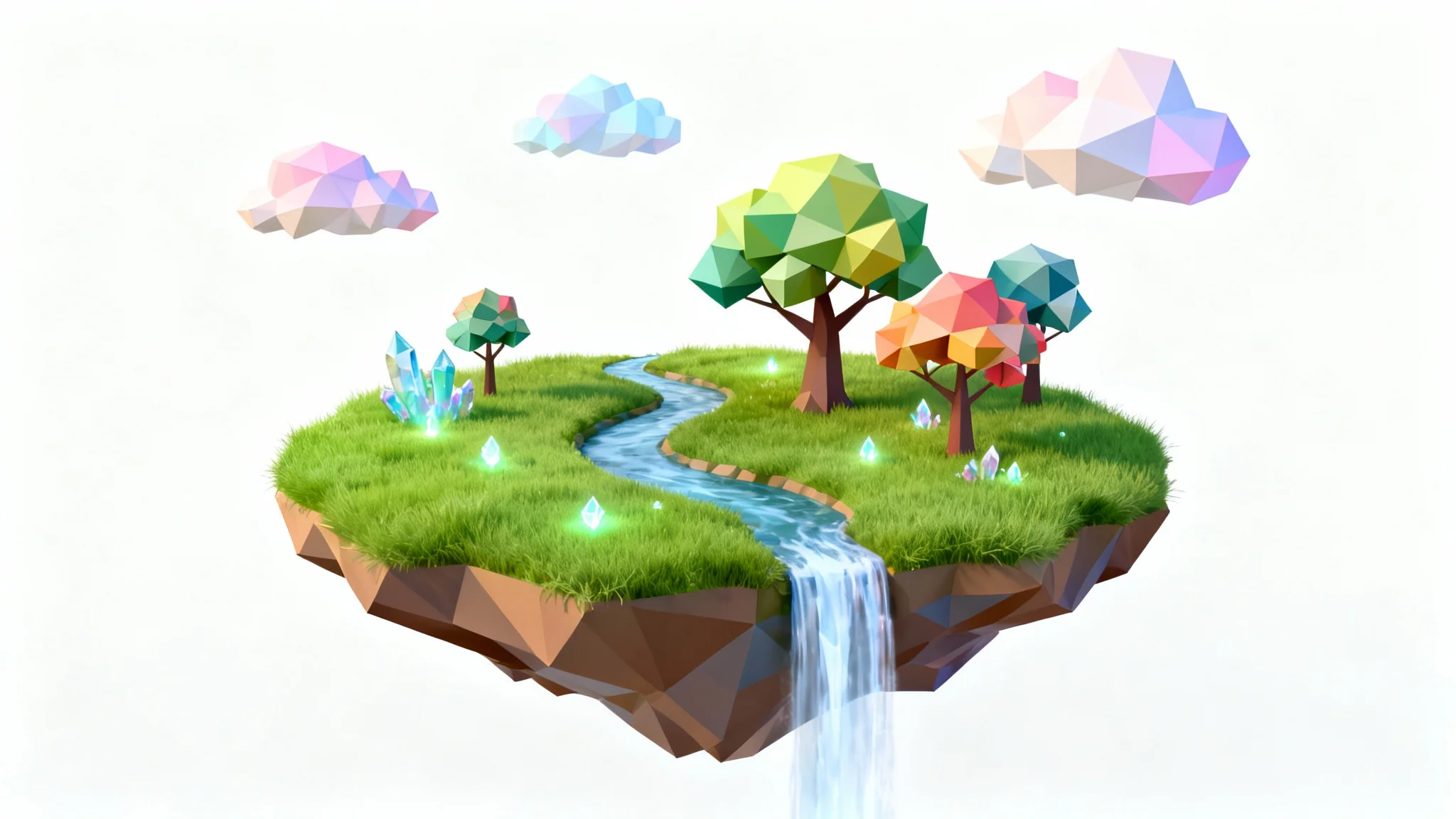 A stylized 3D render of a peaceful floating island with a waterfall and colorful trees, presented on a clean white background.