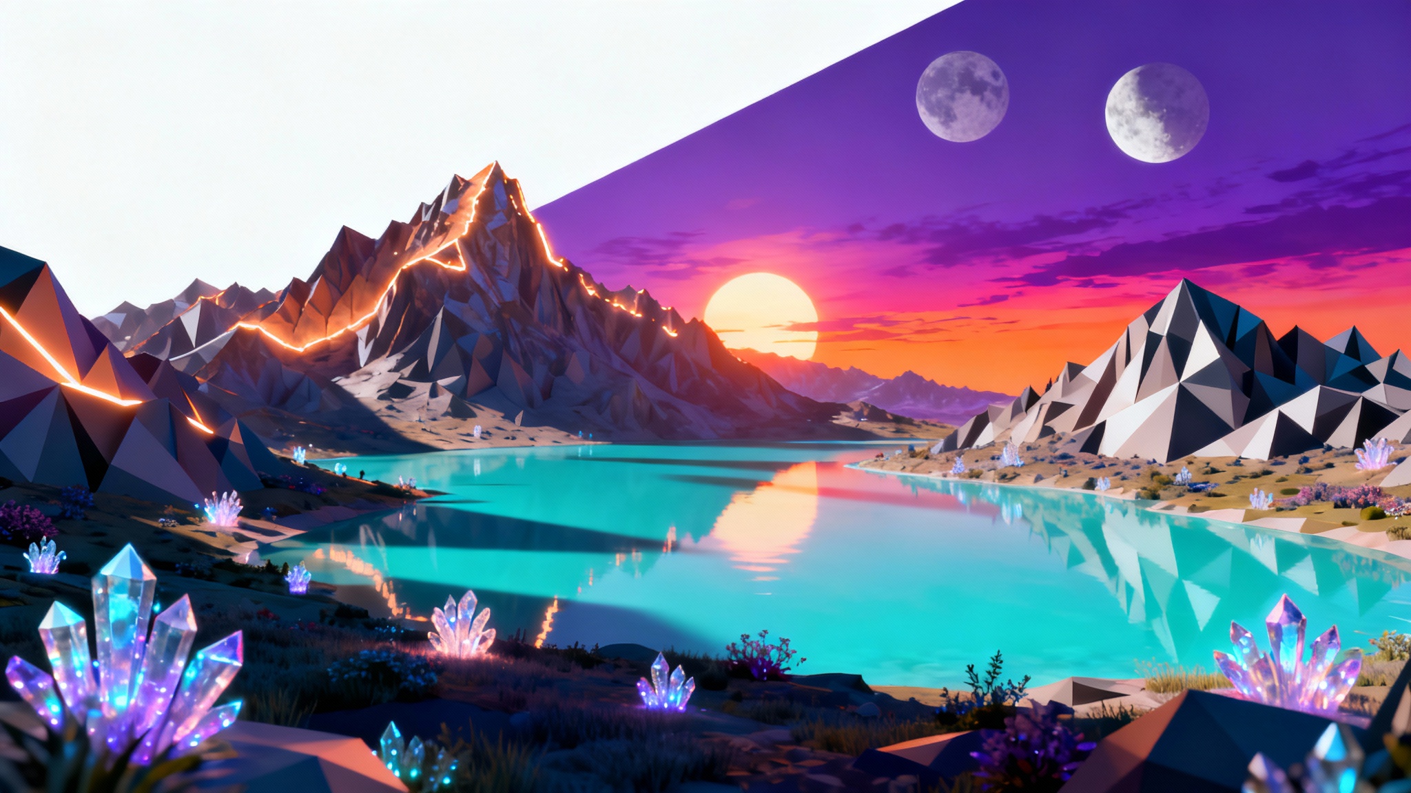A stylized 3D rendered landscape featuring geometric, low-poly mountains, a clear turquoise lake, and a vibrant sunset sky with two moons.