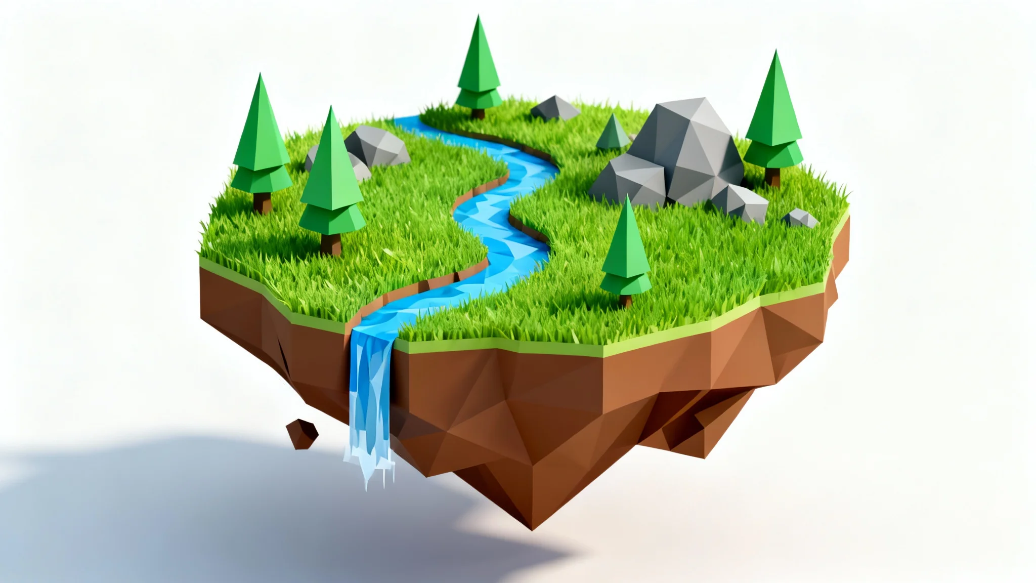 A stylized 3D rendering of a low-poly floating island with trees and a river, set against a plain white background.