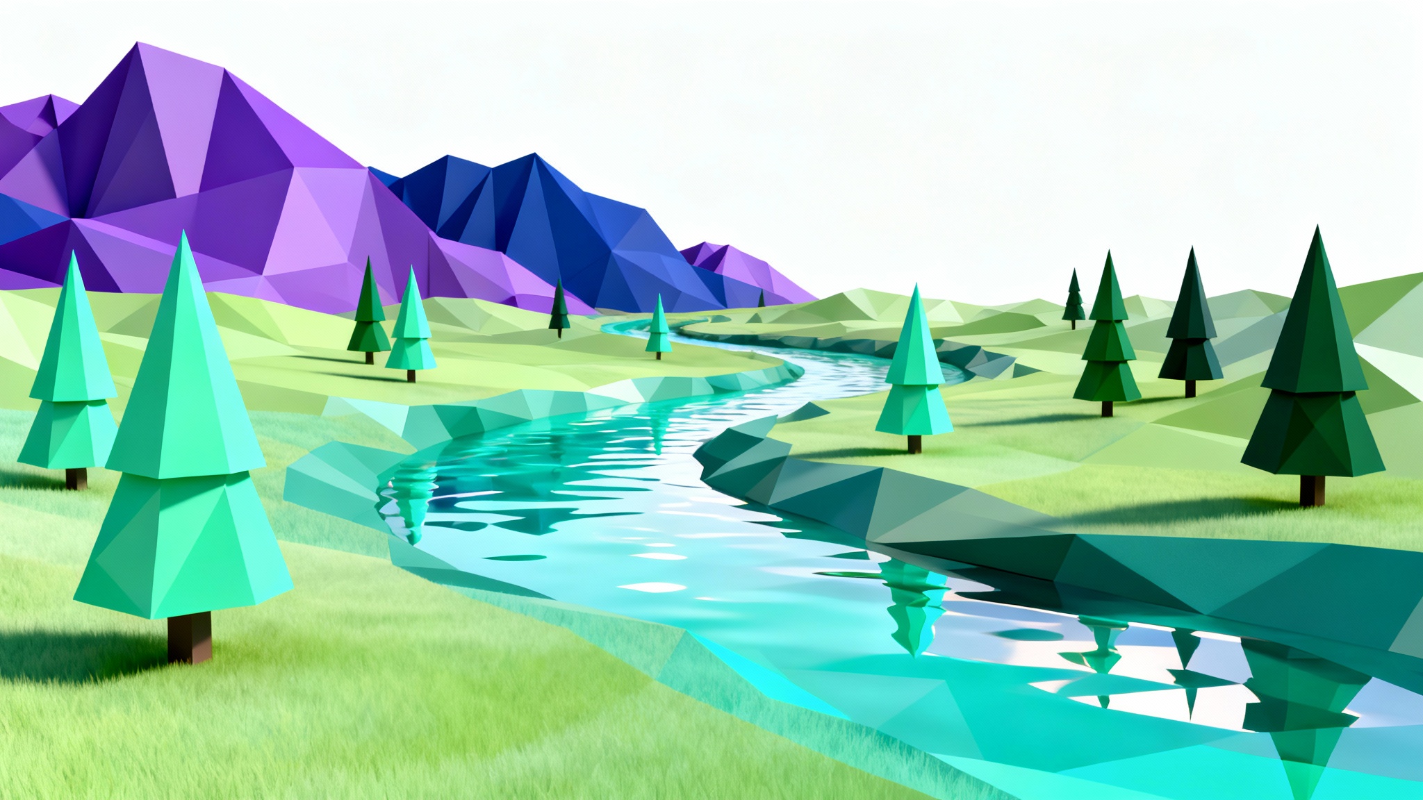 A low-poly 3D render of a serene mountain landscape with a winding river, displayed against a white background.