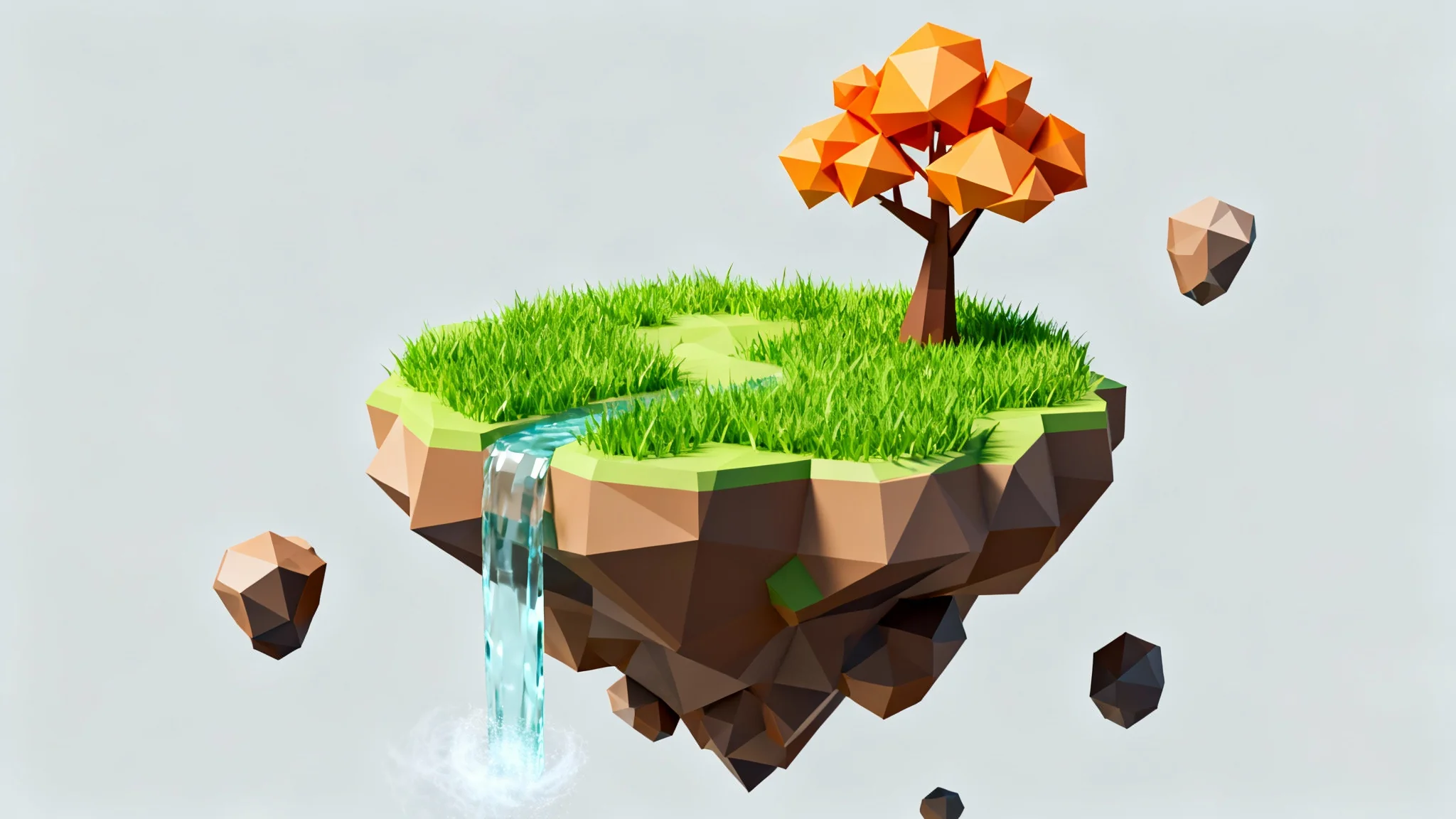 A stylized 3D render of a low-poly floating island with a single orange tree and a waterfall, isolated against a plain background to showcase 3D landscape art.